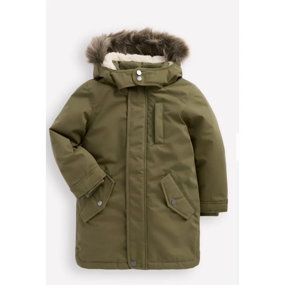 Boys Boden Waterproof Parker with Faux Fur Hood Size 11/12 Olive Green - Picture 10 of 10